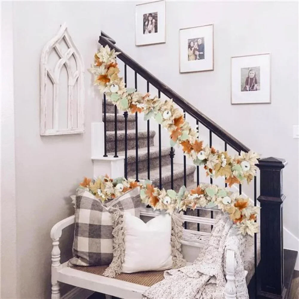 Neutral Fall Garland for Mantle Fireplace - 2 Pack 6Ft Outdoor Autumn Leaves